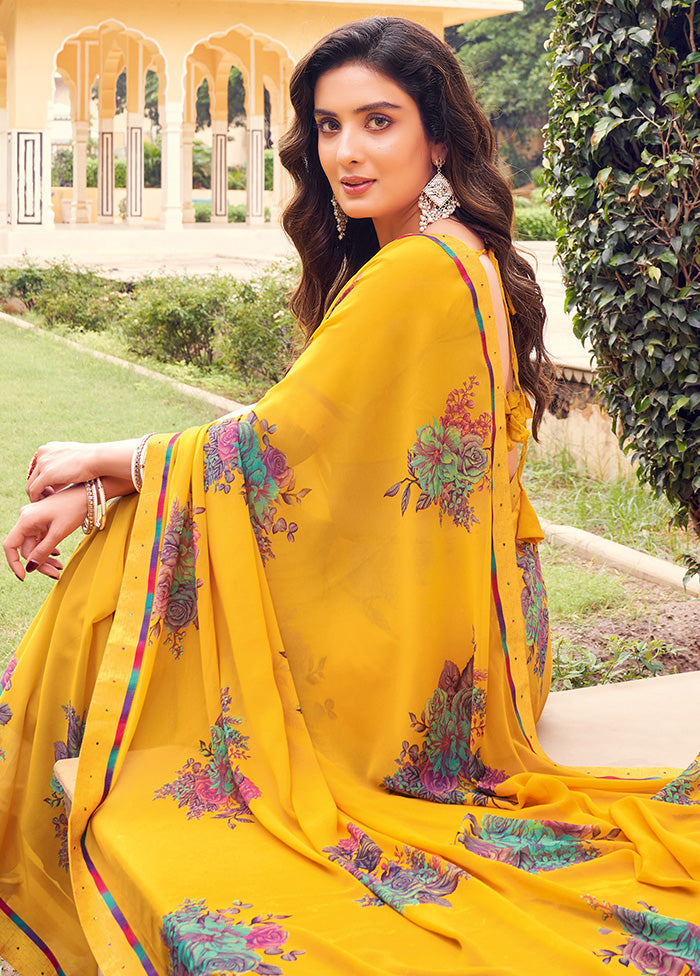 Yellow Georgette Saree With Blouse Piece