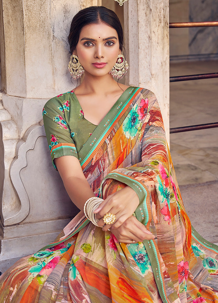 Multicolor Georgette Saree With Blouse Piece