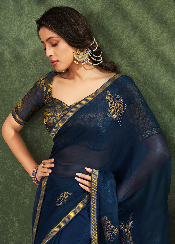 Blue Georgette Saree With Blouse Piece