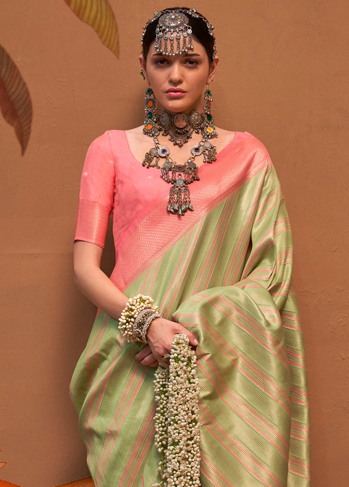 Pista Green Dupion Silk Saree With Blouse Piece