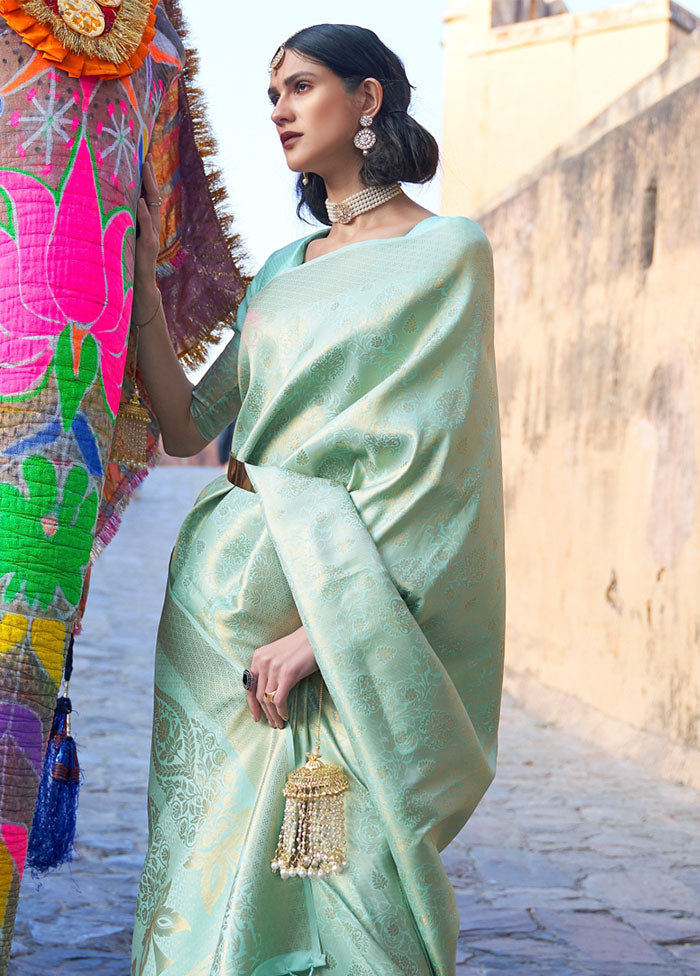 Sea Green Spun Silk Saree With Blouse Piece