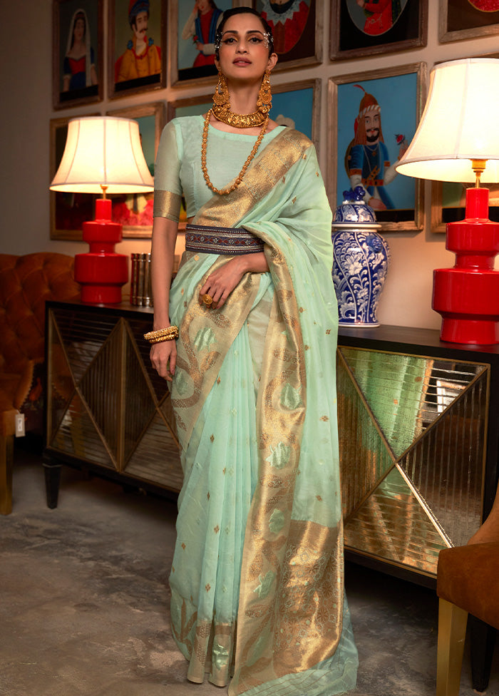 Sea Green Spun Silk Saree With Blouse Piece