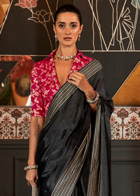 Black Satin Silk Saree With Blouse Piece