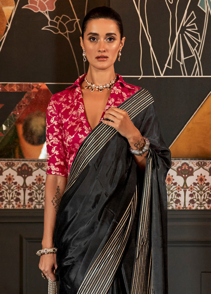 Black Satin Silk Saree With Blouse Piece