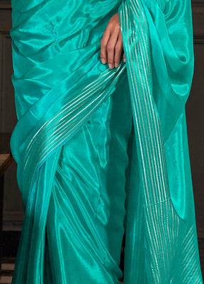 Turquoise Satin Silk Saree With Blouse Piece