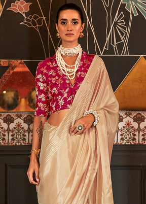 Cream Satin Silk Saree With Blouse Piece