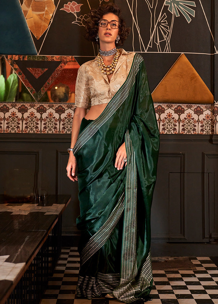 Green Satin Silk Saree With Blouse Piece