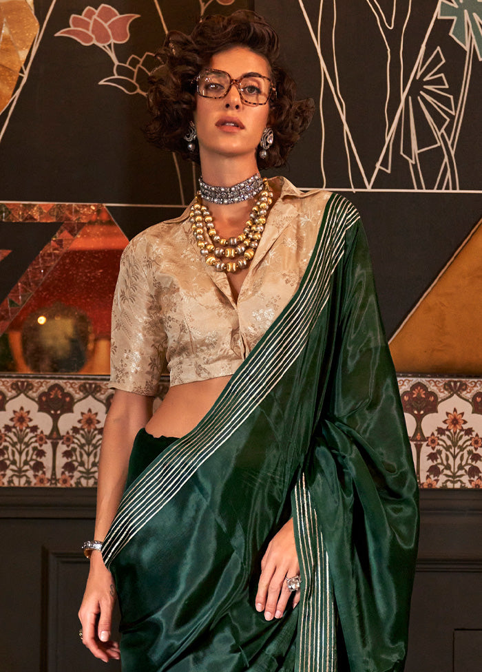 Green Satin Silk Saree With Blouse Piece