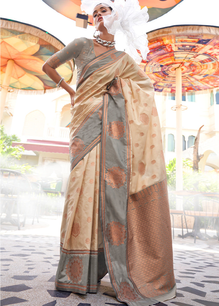 Cream Dupion Silk Saree With Blouse Piece