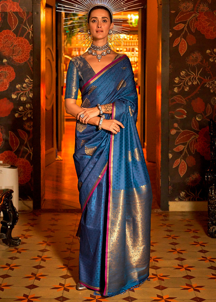 Blue Dupion Silk Saree With Blouse Piece