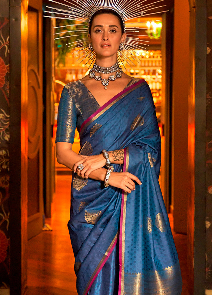 Blue Dupion Silk Saree With Blouse Piece