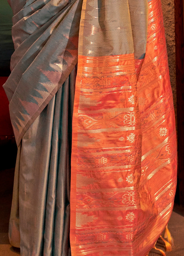 Grey Tussar Silk Saree With Blouse Piece