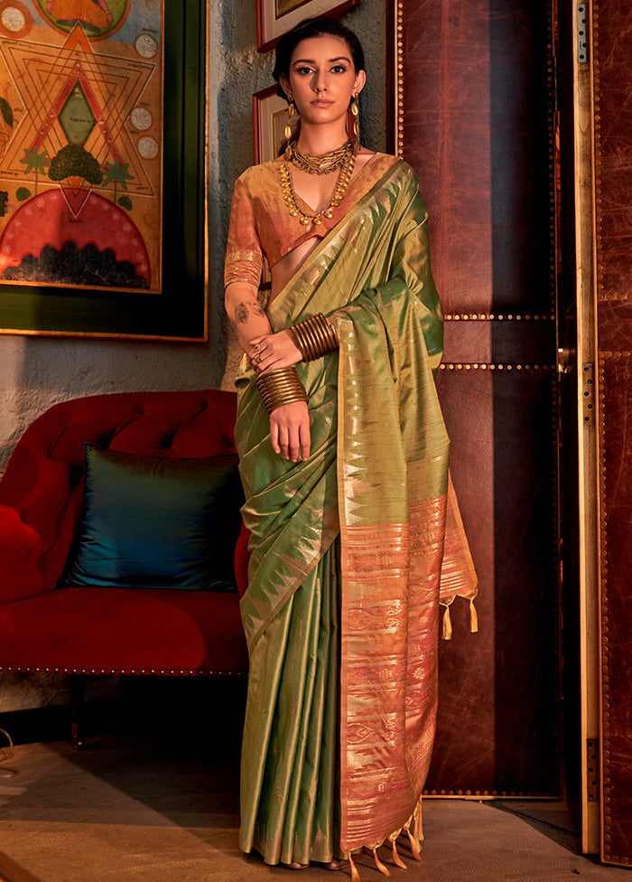 Green Tussar Silk Saree With Blouse Piece