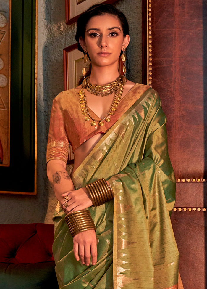 Green Tussar Silk Saree With Blouse Piece