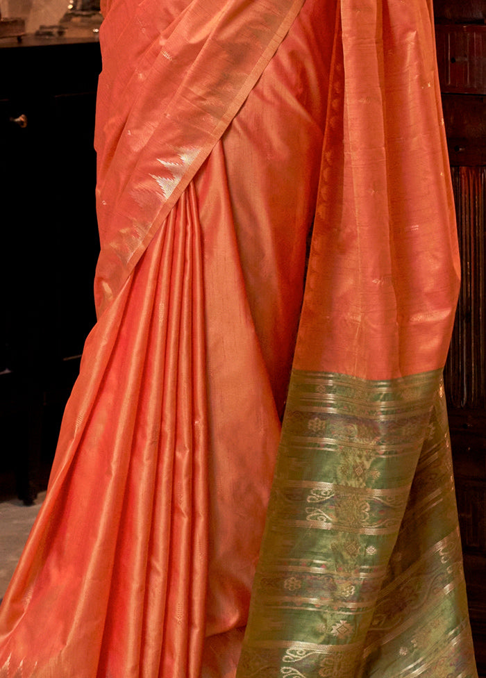 Orange Tussar Silk Saree With Blouse Piece