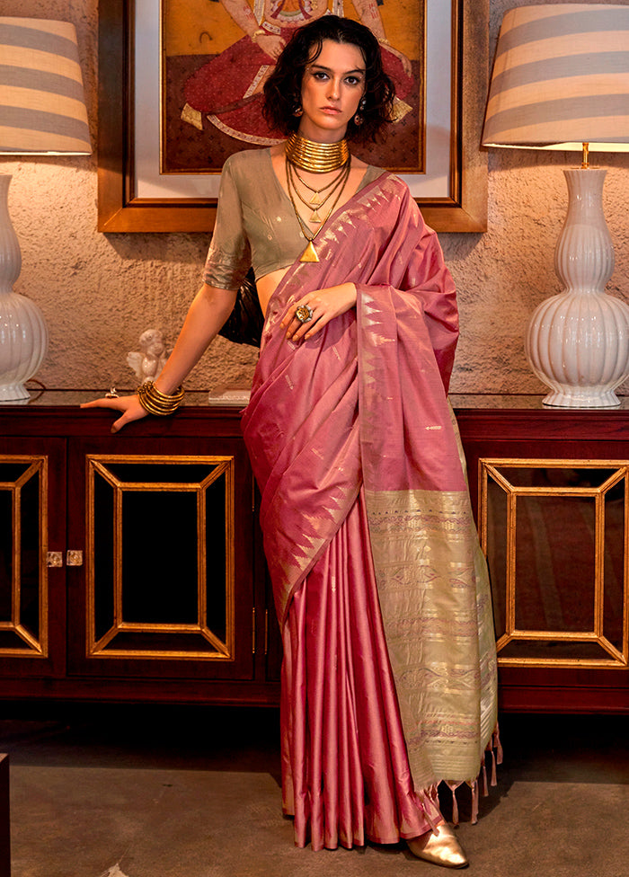 Pink Tussar Silk Saree With Blouse Piece