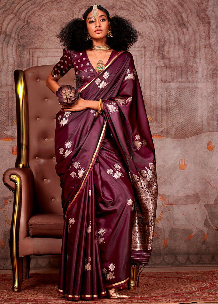 Wine Spun Silk Saree With Blouse Piece