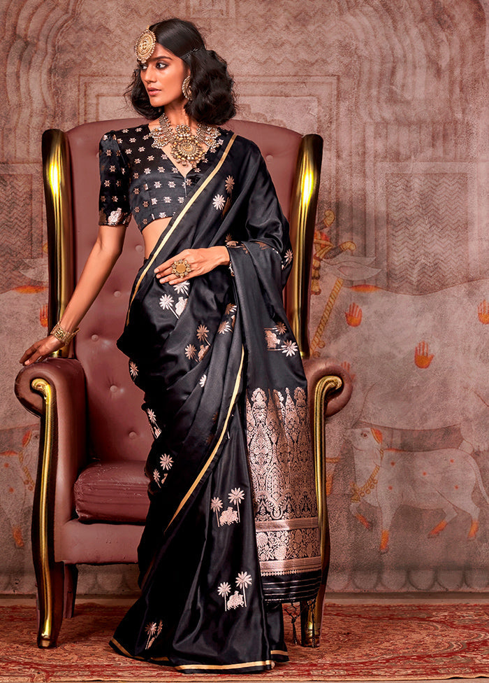 Black Spun Silk Saree With Blouse Piece