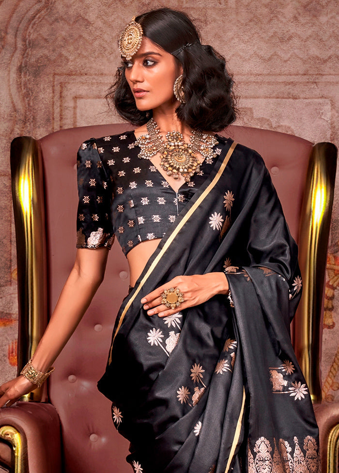 Black Spun Silk Saree With Blouse Piece