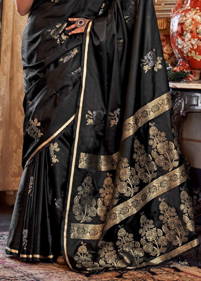 Black Satin Silk Saree With Blouse Piece