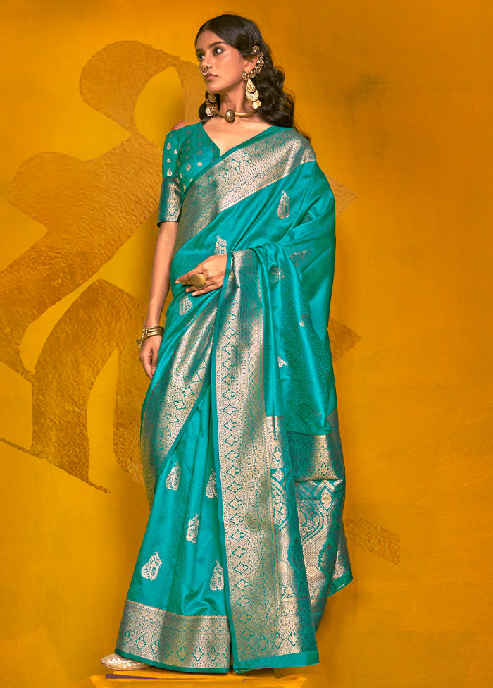 Turquoise Spun Silk Saree With Blouse Piece