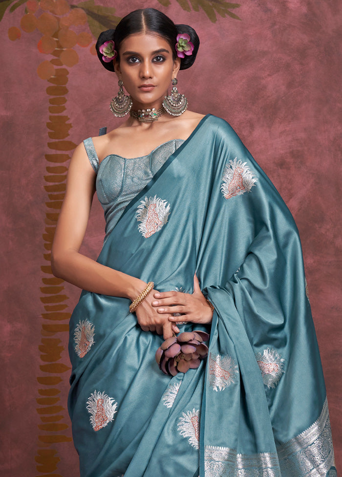 Blue Spun Silk Saree With Blouse Piece