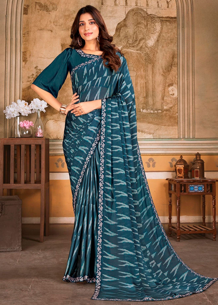 Teal Blue Chiffon Silk Saree With Blouse Piece