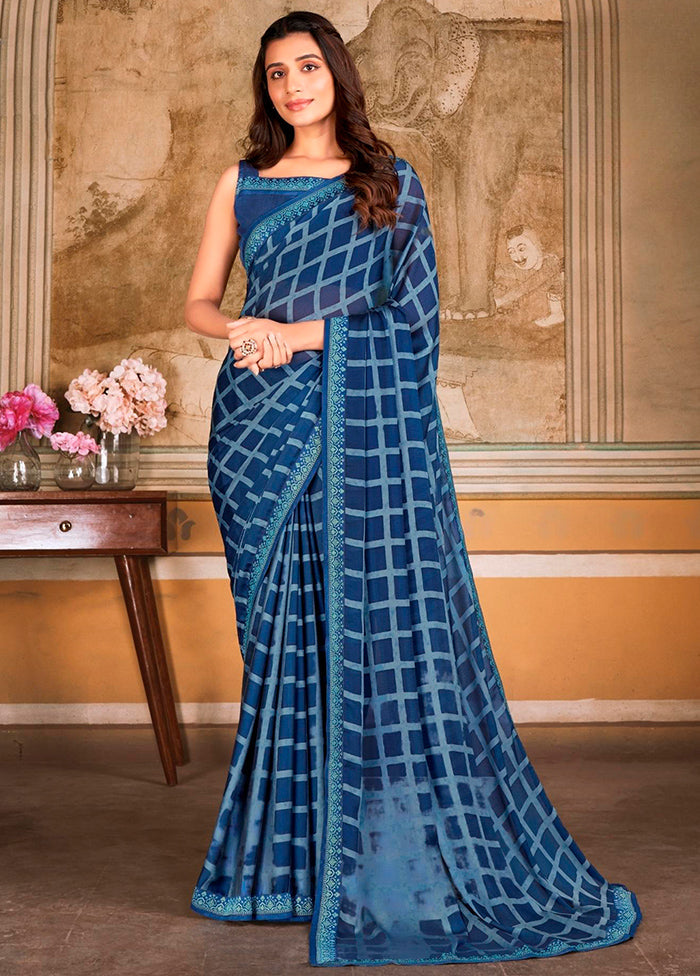 Blue Chiffon Silk Saree With Blouse Piece