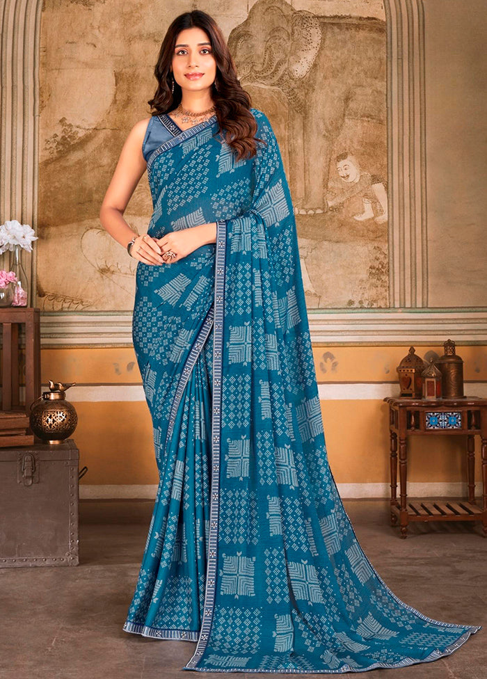 Blue Chiffon Silk Saree With Blouse Piece