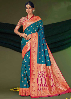 Blue Dupion Silk Saree With Blouse Piece