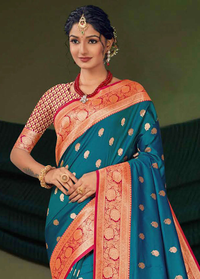 Blue Dupion Silk Saree With Blouse Piece