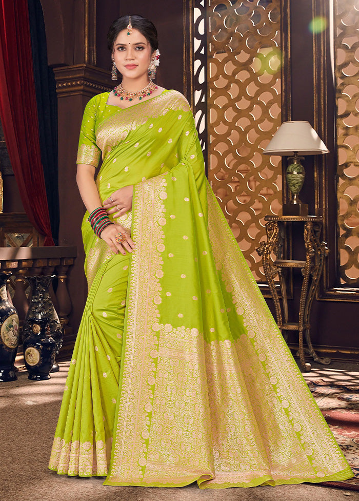 Lemon Green Spun Silk Saree With Blouse Piece