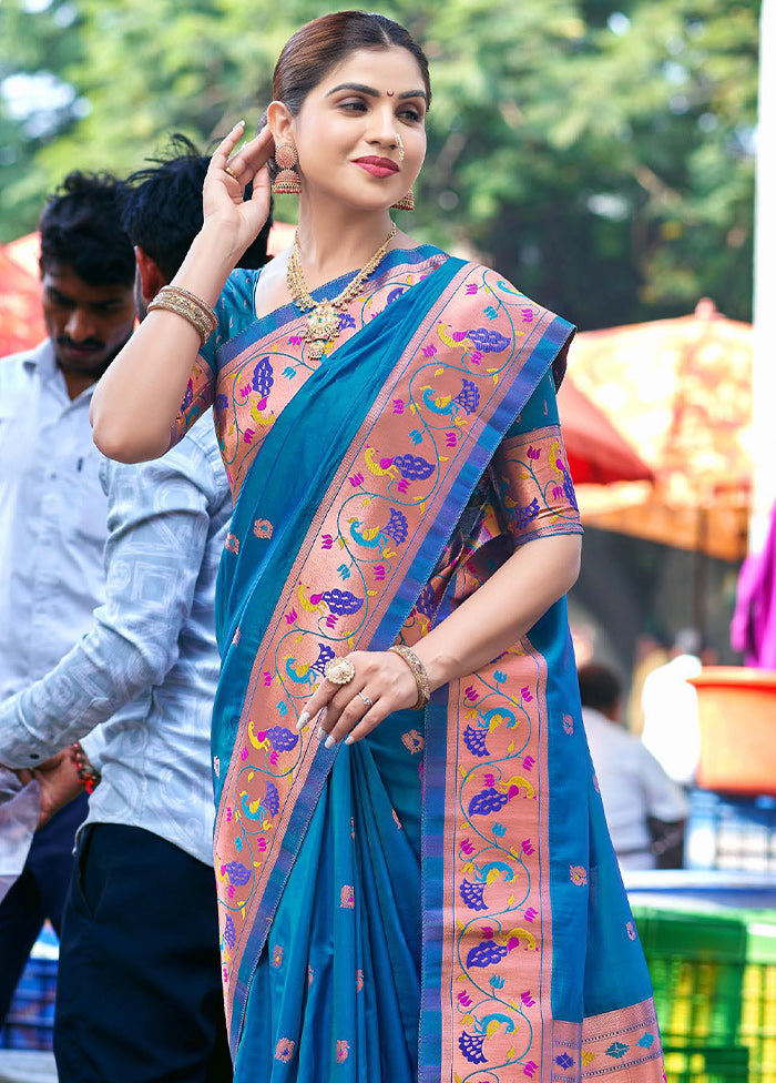 Turquoise Dupion Silk Saree With Blouse Piece