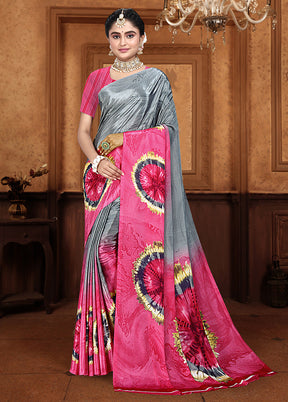 Grey Crepe Silk Saree With Blouse Piece