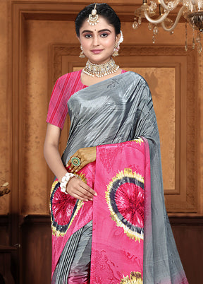 Grey Crepe Silk Saree With Blouse Piece