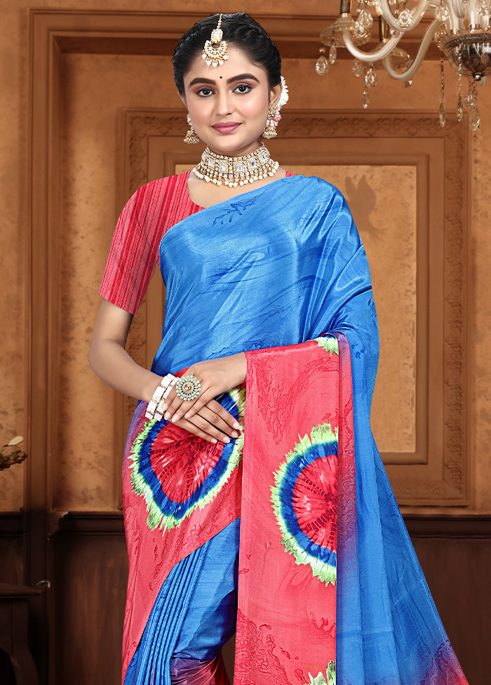 Blue Crepe Silk Saree With Blouse Piece