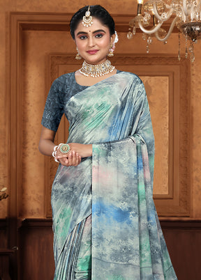 Blue Crepe Silk Saree With Blouse Piece