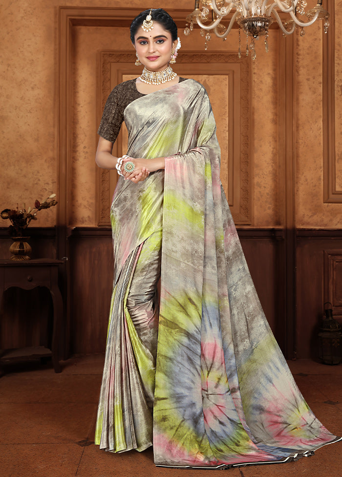 Grey Crepe Silk Saree With Blouse Piece