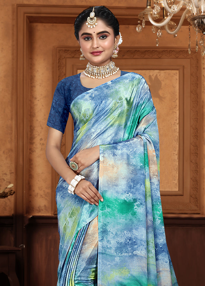 Blue Crepe Silk Saree With Blouse Piece