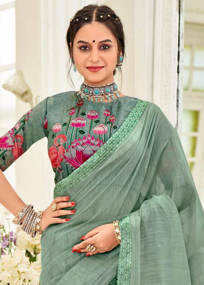 Green Cotton Saree With Blouse Piece