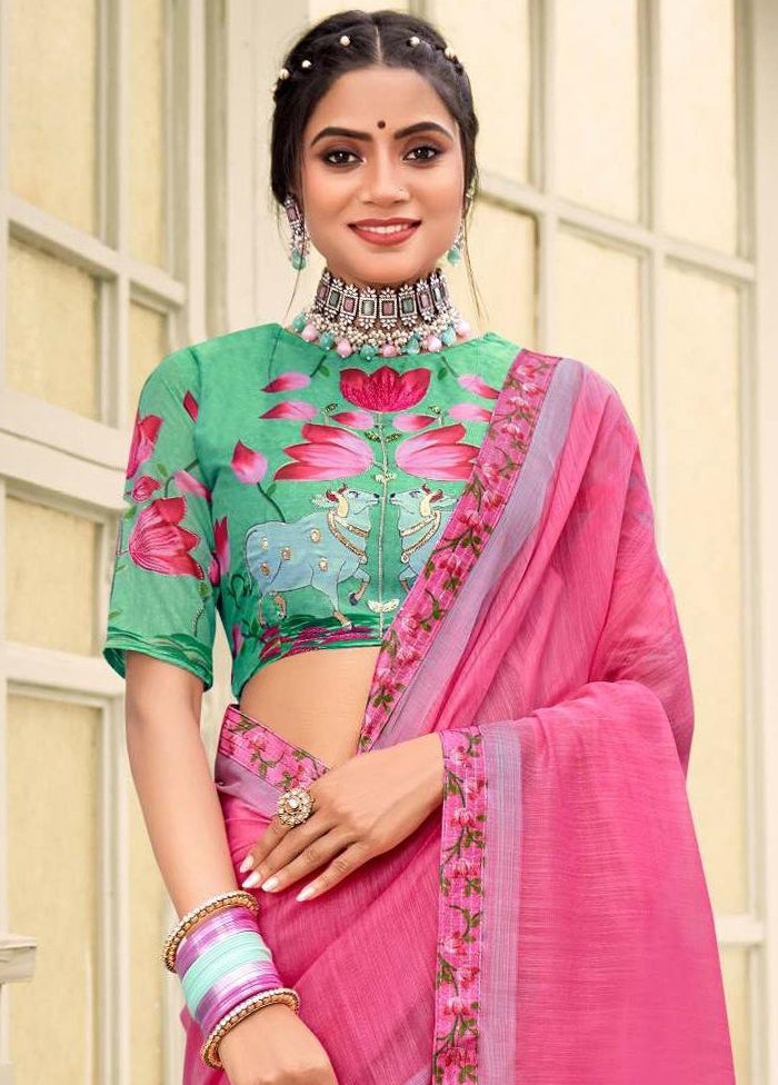 Pink Cotton Saree With Blouse Piece