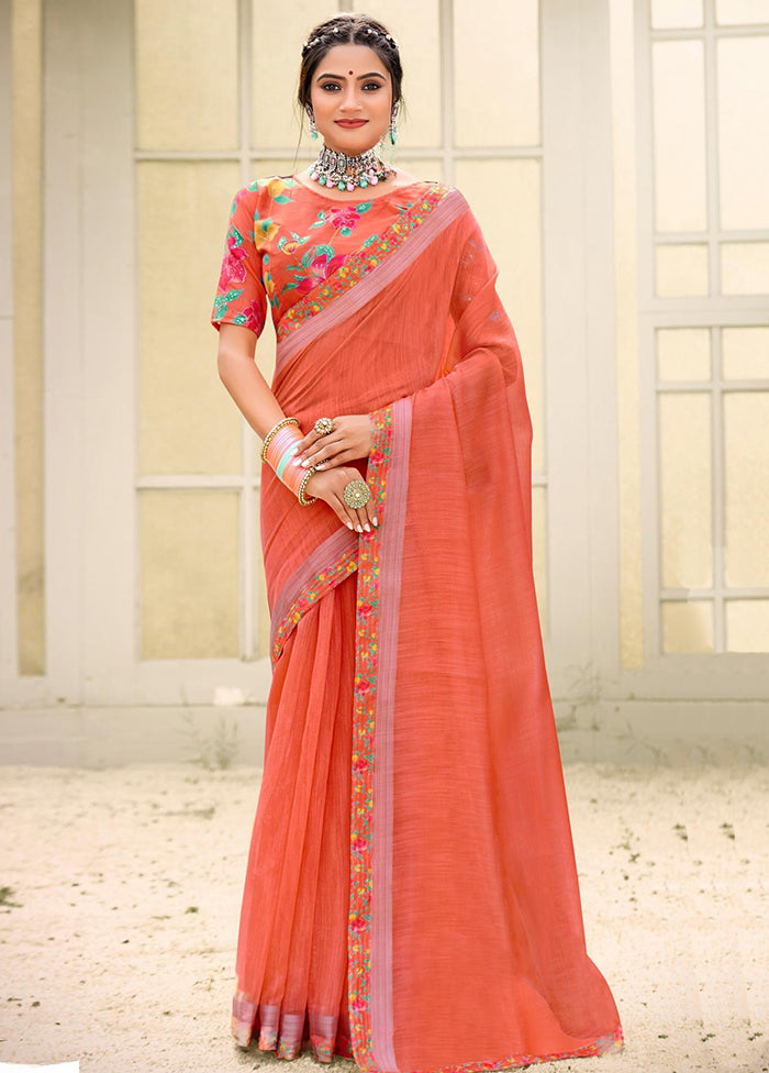 Orange Cotton Saree With Blouse Piece