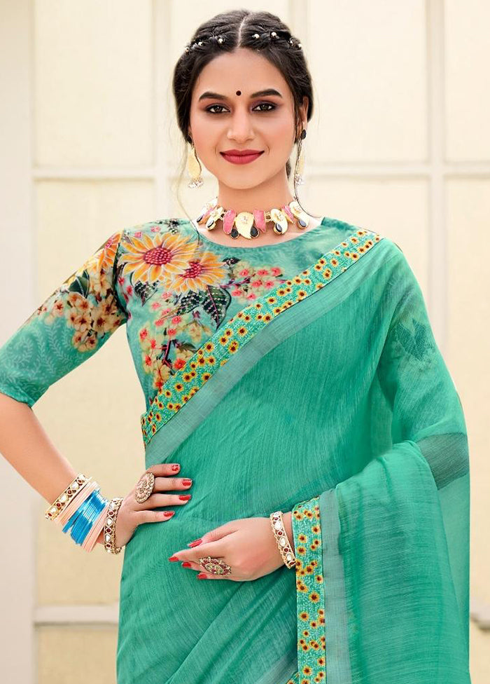 Sea Green Cotton Saree With Blouse Piece