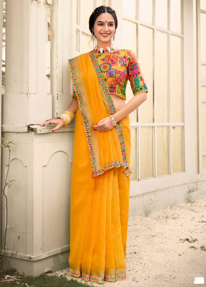 Yellow Cotton Saree With Blouse Piece