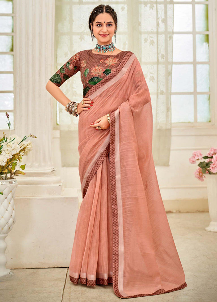 Peach Cotton Saree With Blouse Piece