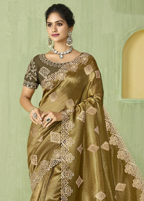 Olive Green Spun Silk Saree With Blouse Piece