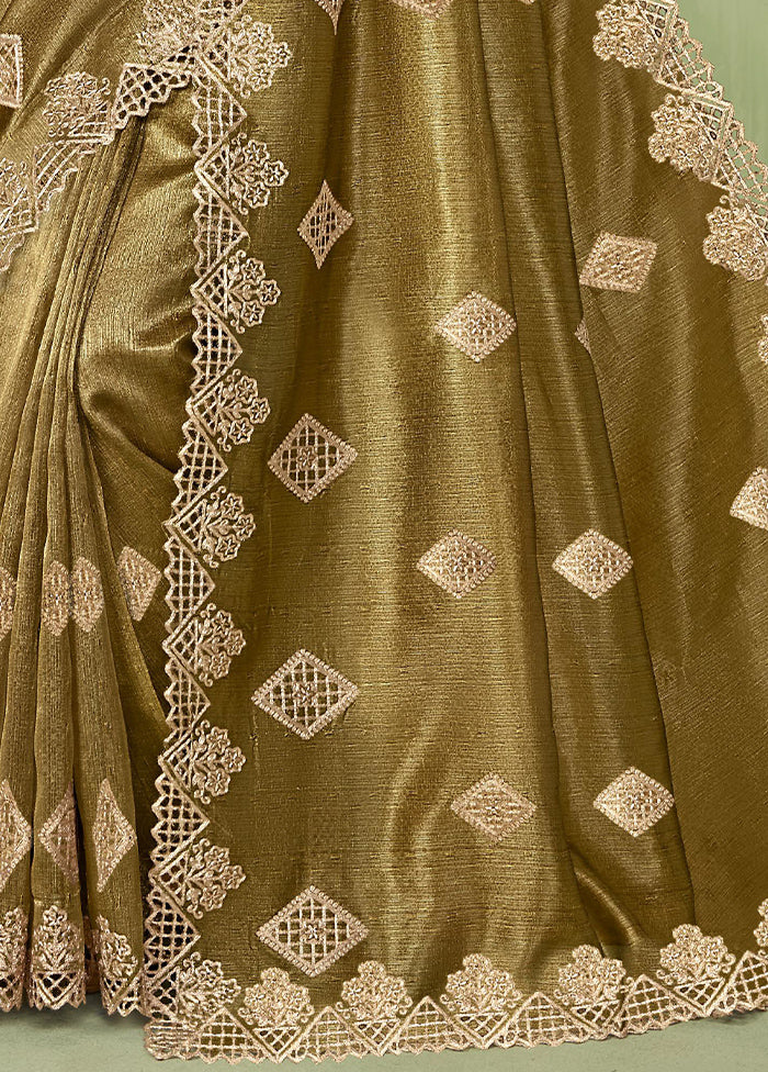 Olive Green Spun Silk Saree With Blouse Piece