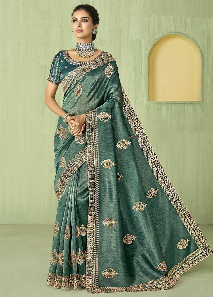 Turquoise Spun Silk Saree With Blouse Piece