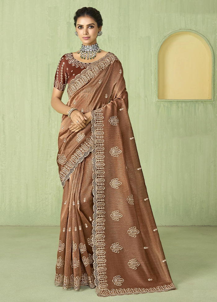 Brown Spun Silk Saree With Blouse Piece