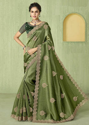 Green Spun Silk Saree With Blouse Piece